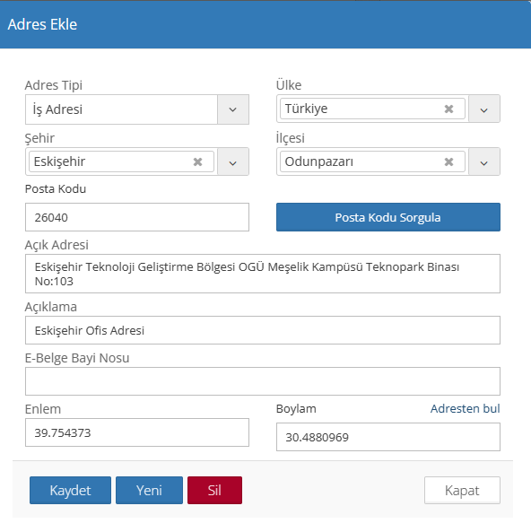 Adres Ekle Penceresi